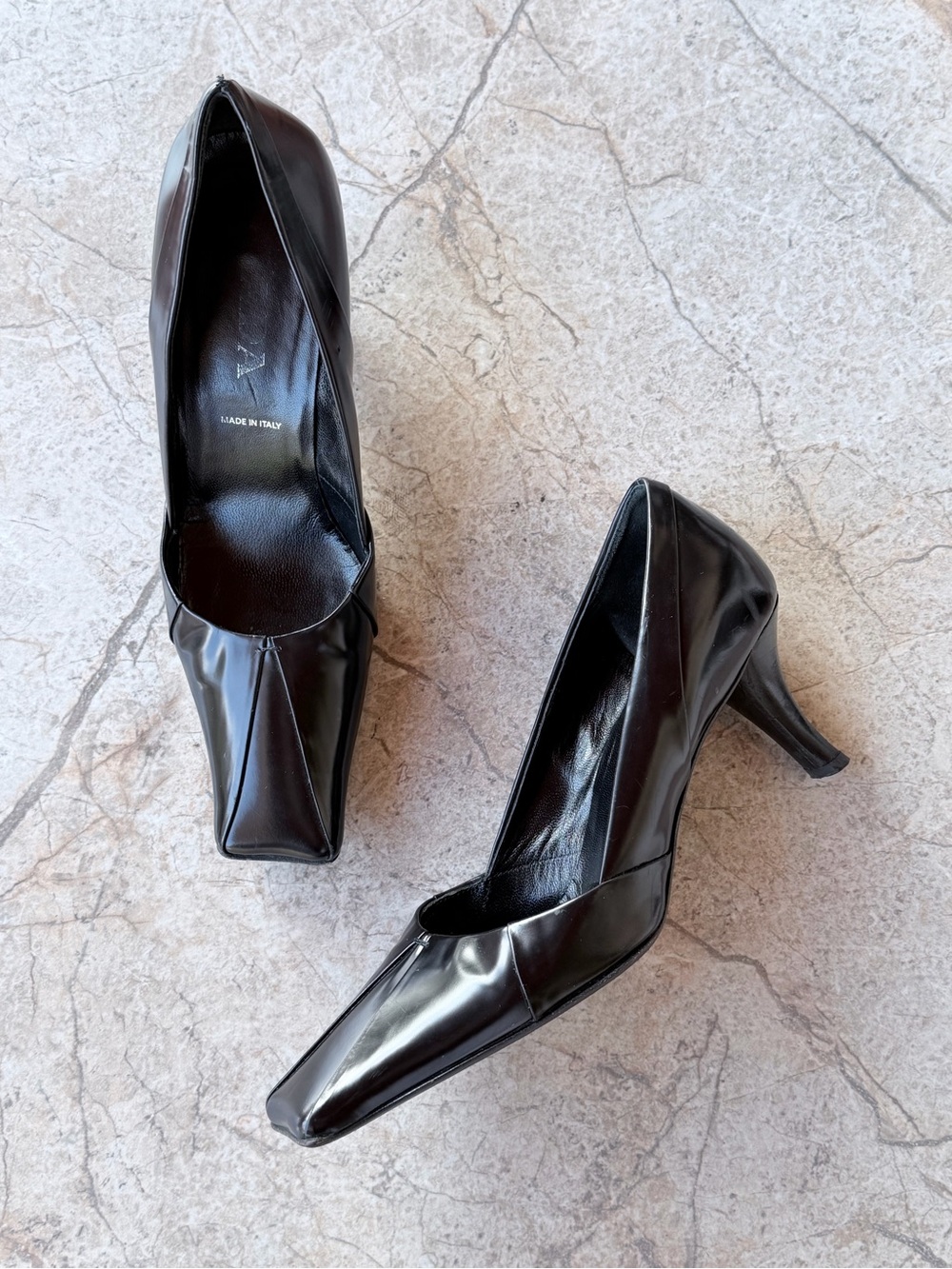 Archival PRADA F/W 1999 Black Patent Leather Square Toe Center Seam Heels Pumps